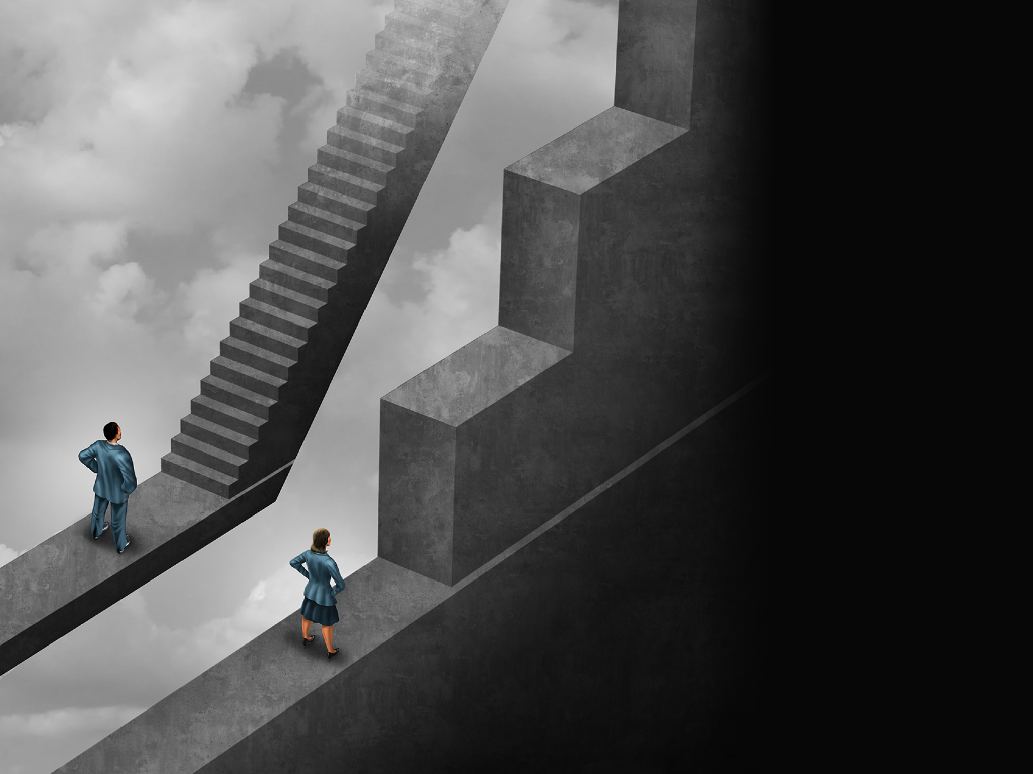 Gender discrimination and sexism inequality for being female concept as a woman with the burden of climbing a difficult obstacle and a man with easy path stairs as a 3D illustration symbol as a symbol for unfair gender bias 