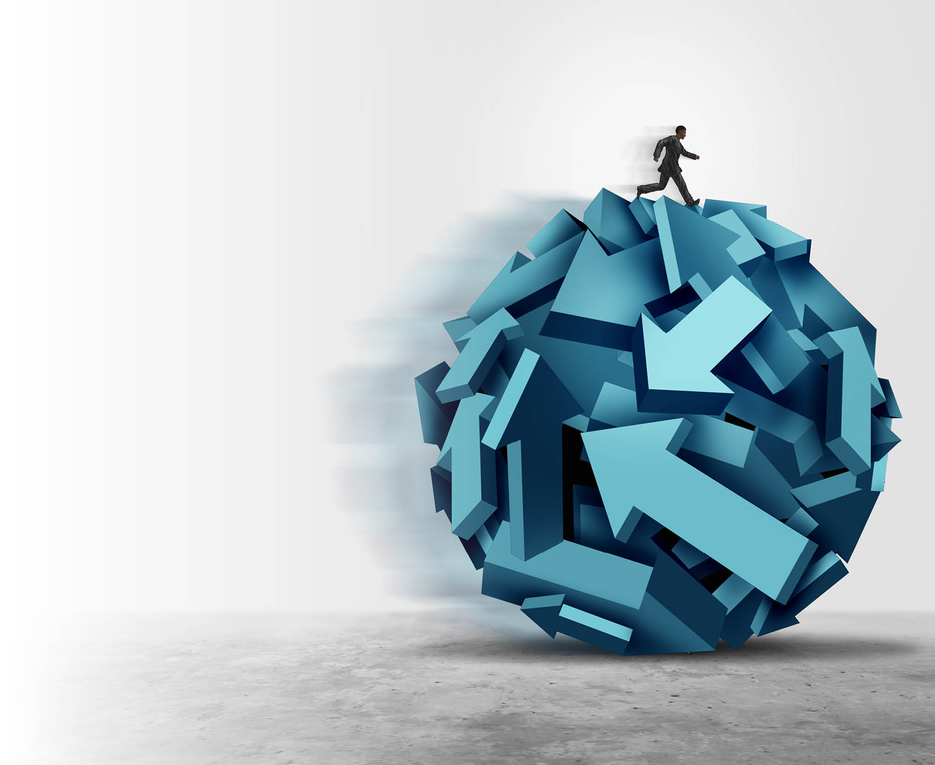 Business directing leadership as a businessman managing a group of arrow symbols into a cohesive direction as a success guidance metaphor with 3D illustration elements 