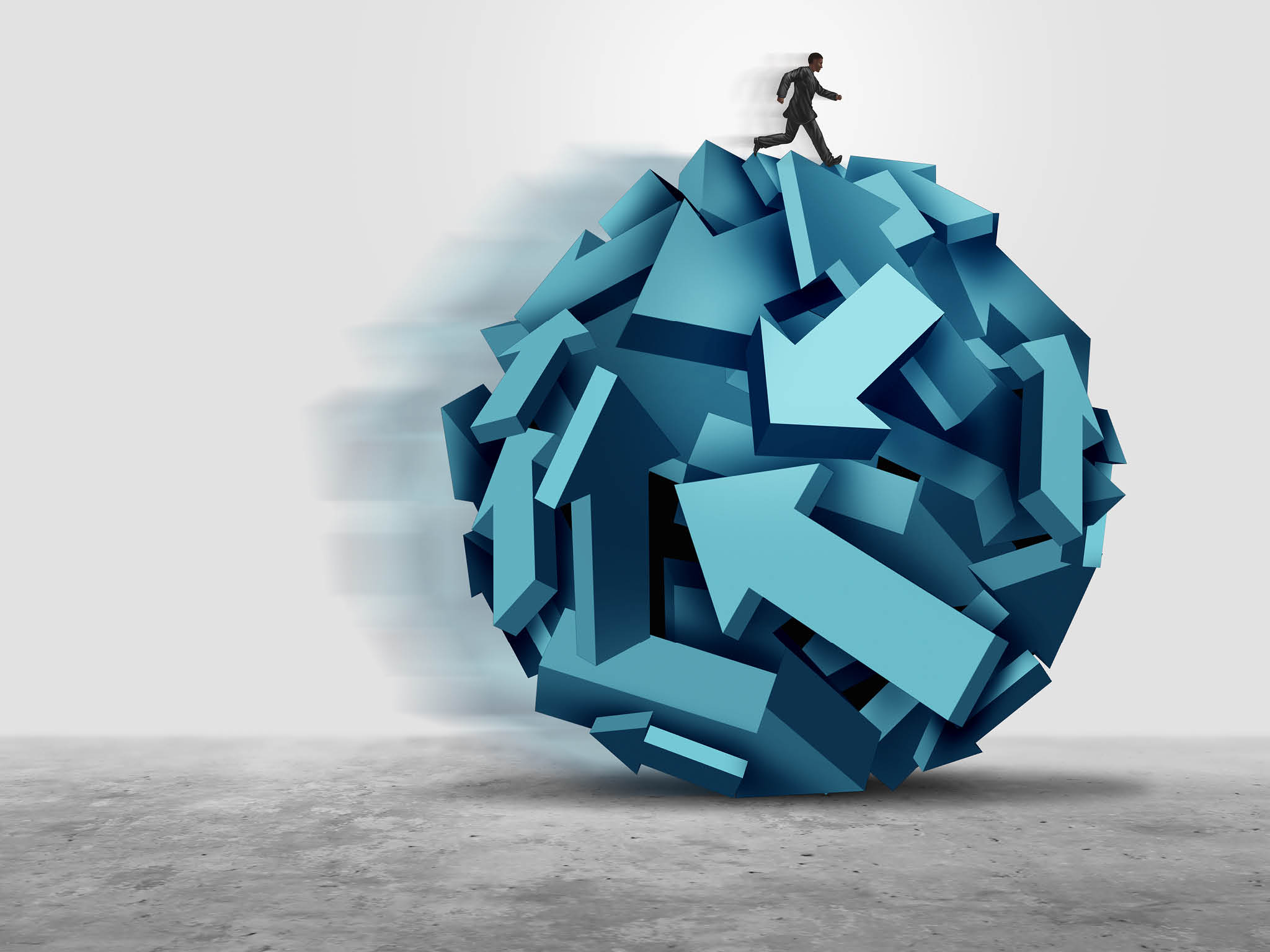 Business directing leadership as a businessman managing a group of arrow symbols into a cohesive direction as a success guidance metaphor with 3D illustration elements 