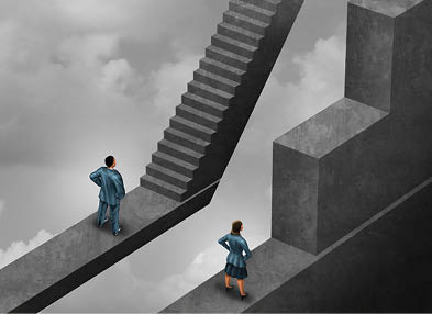 Gender discrimination and sexism inequality for being female concept as a woman with the burden of climbing a difficult obstacle and a man with easy path stairs as a 3D illustration symbol as a symbol for unfair gender bias 