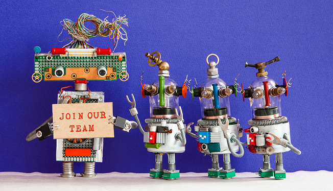 Join our team concept. Four funny robots looking for a new assistant in company team. Recruitment and headhinting banner