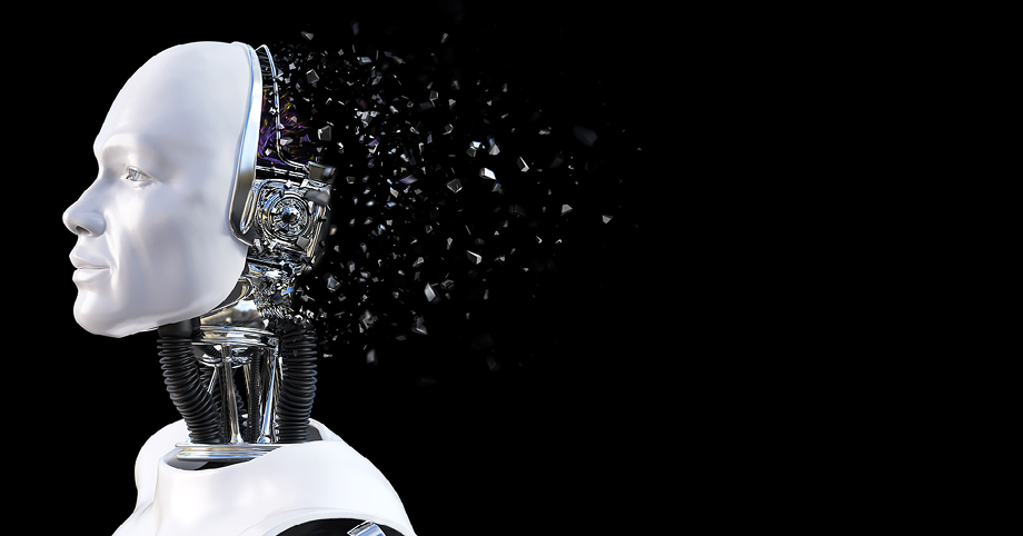 3D rendering of the head of a male robot  The head is breaking apart like it's exploding  Black background 