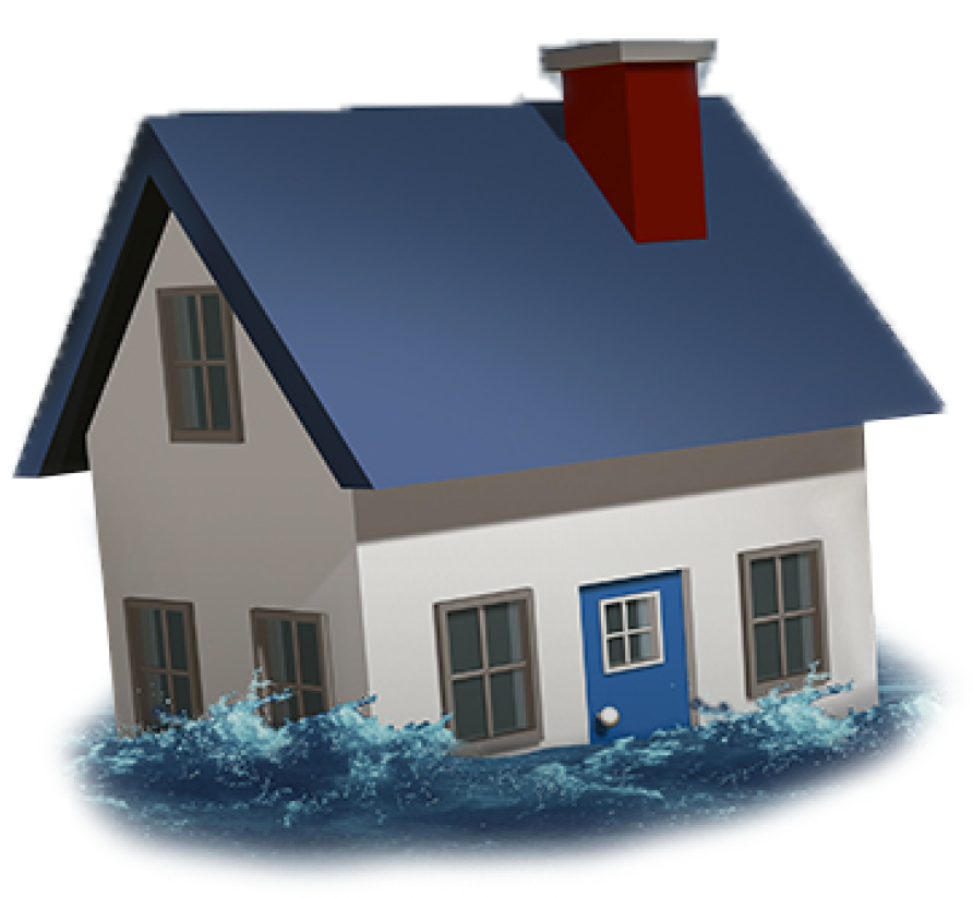 Flooding house and flooded residence concept as a home being swept away from a storm flood with 3D render elements 