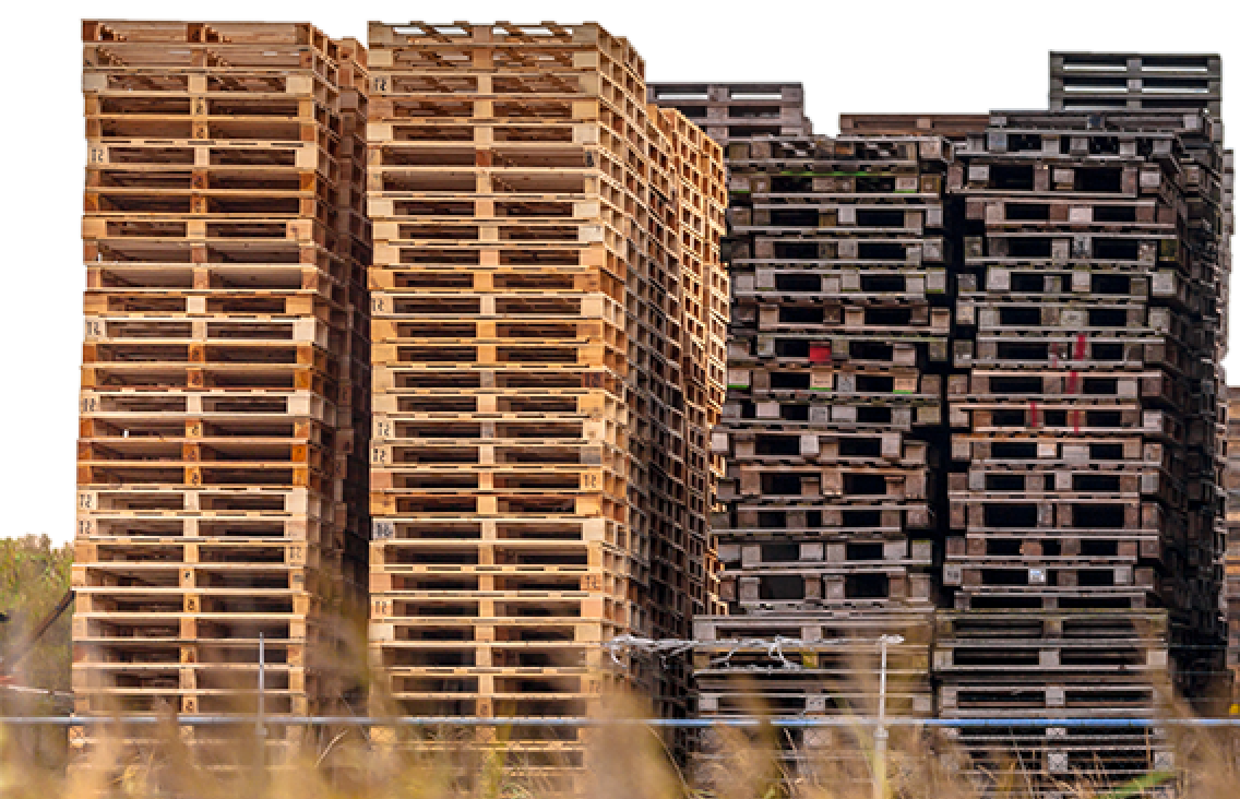 Stacked Wooden Euro Pallets at Storage area of Recycling Depot Warehouse