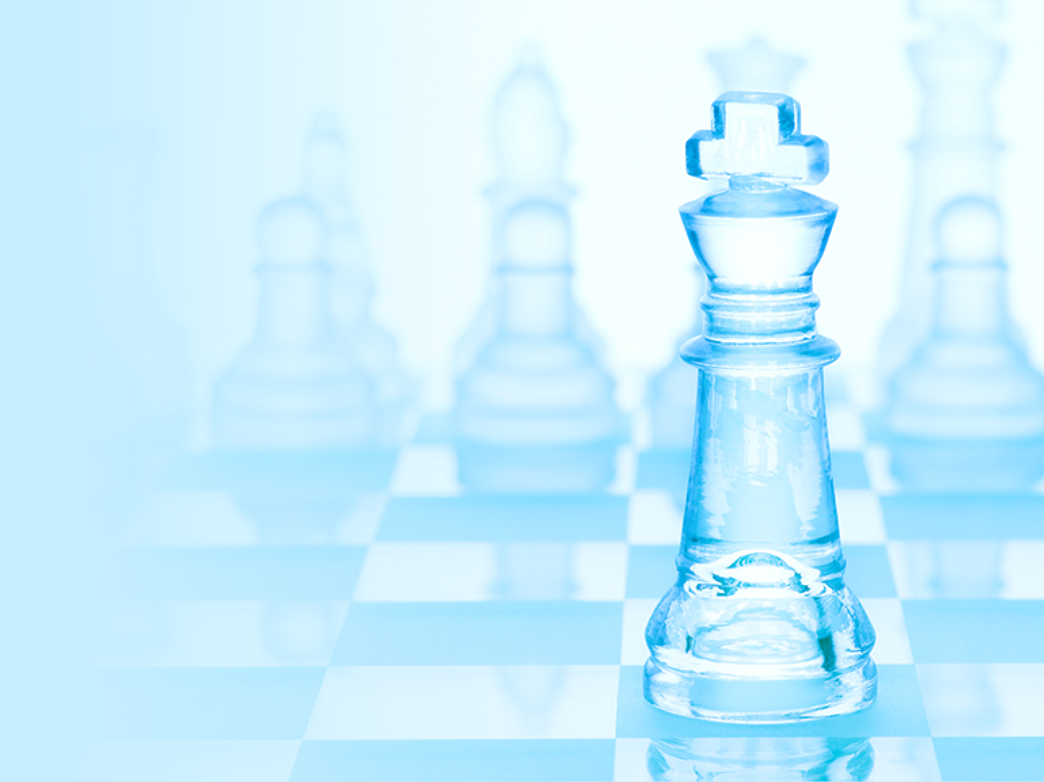 Chess game concept of an icy frosted king standing in front of chess pieces on glacial chessboard 