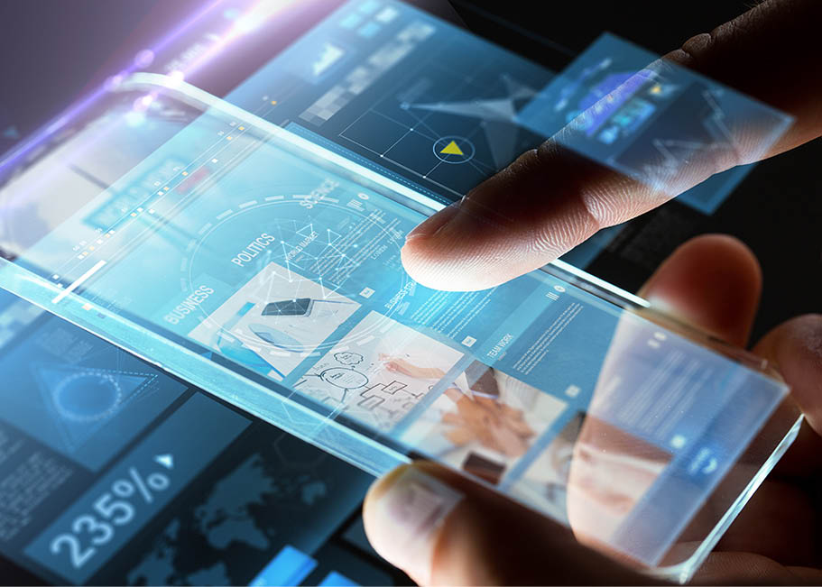 business, people, mass media and technology concept - hands with business web page on smartphone screen over black background