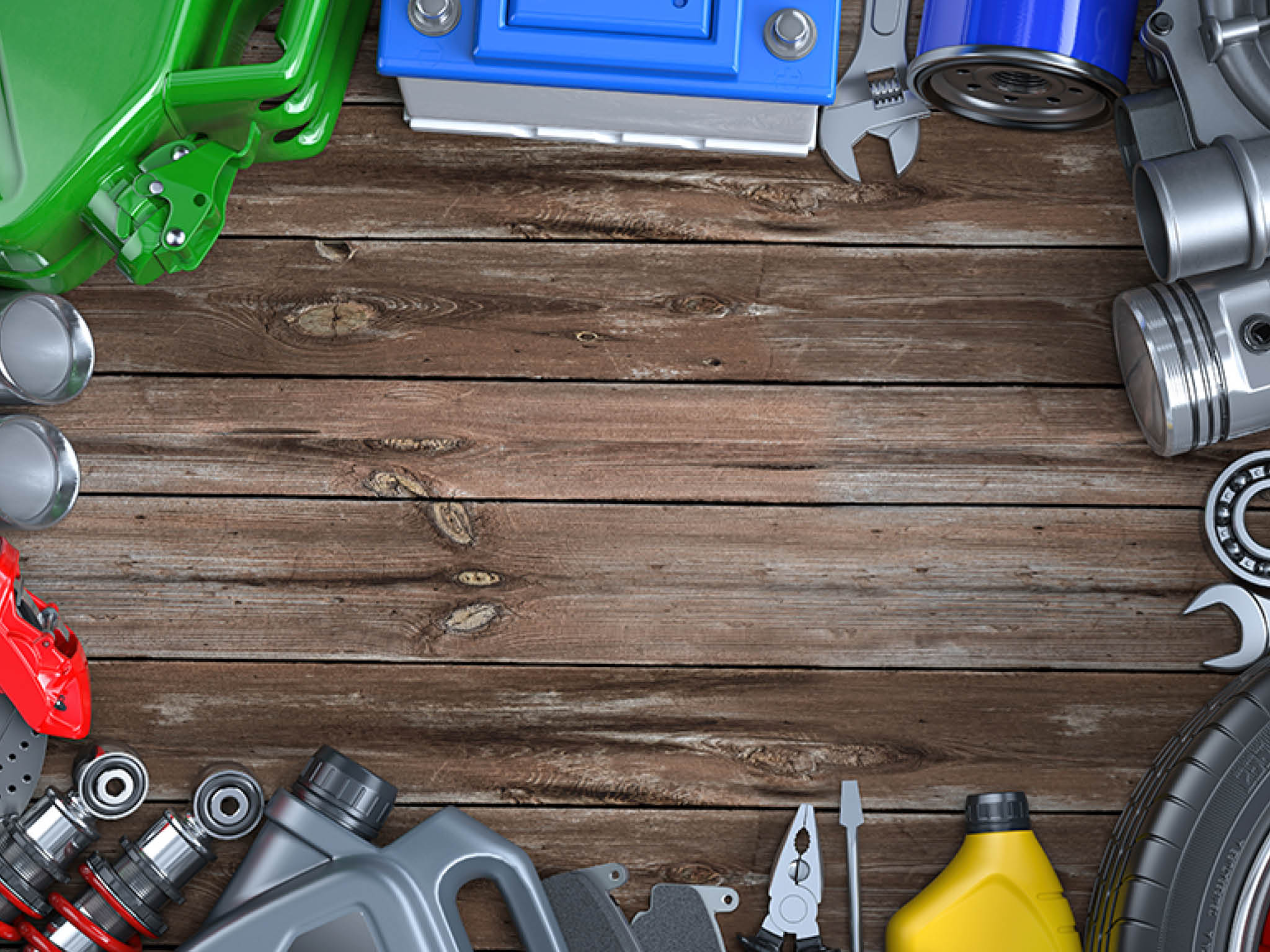 Car parts, spares and accesoires on wooden table. Auto service and car repair workshop concept. 3d illustration