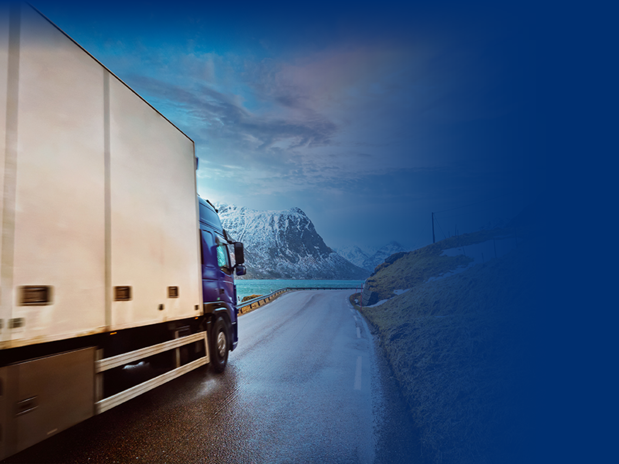 Truck on road in Norwegian fjord on sunset  Lofoten islands, Norway  Motion blur