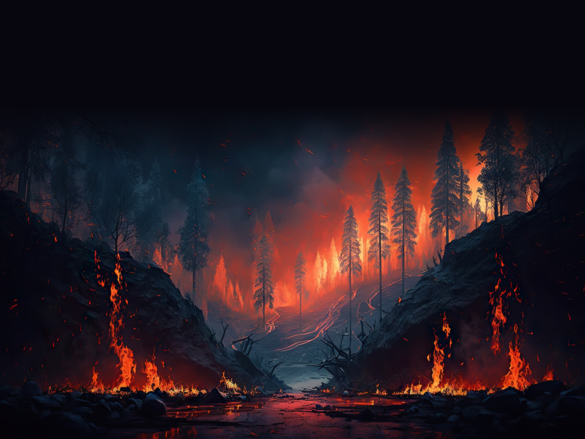 Forest on fire by magma from volcano eruption. Smoke rises in night sky. Generative AI.