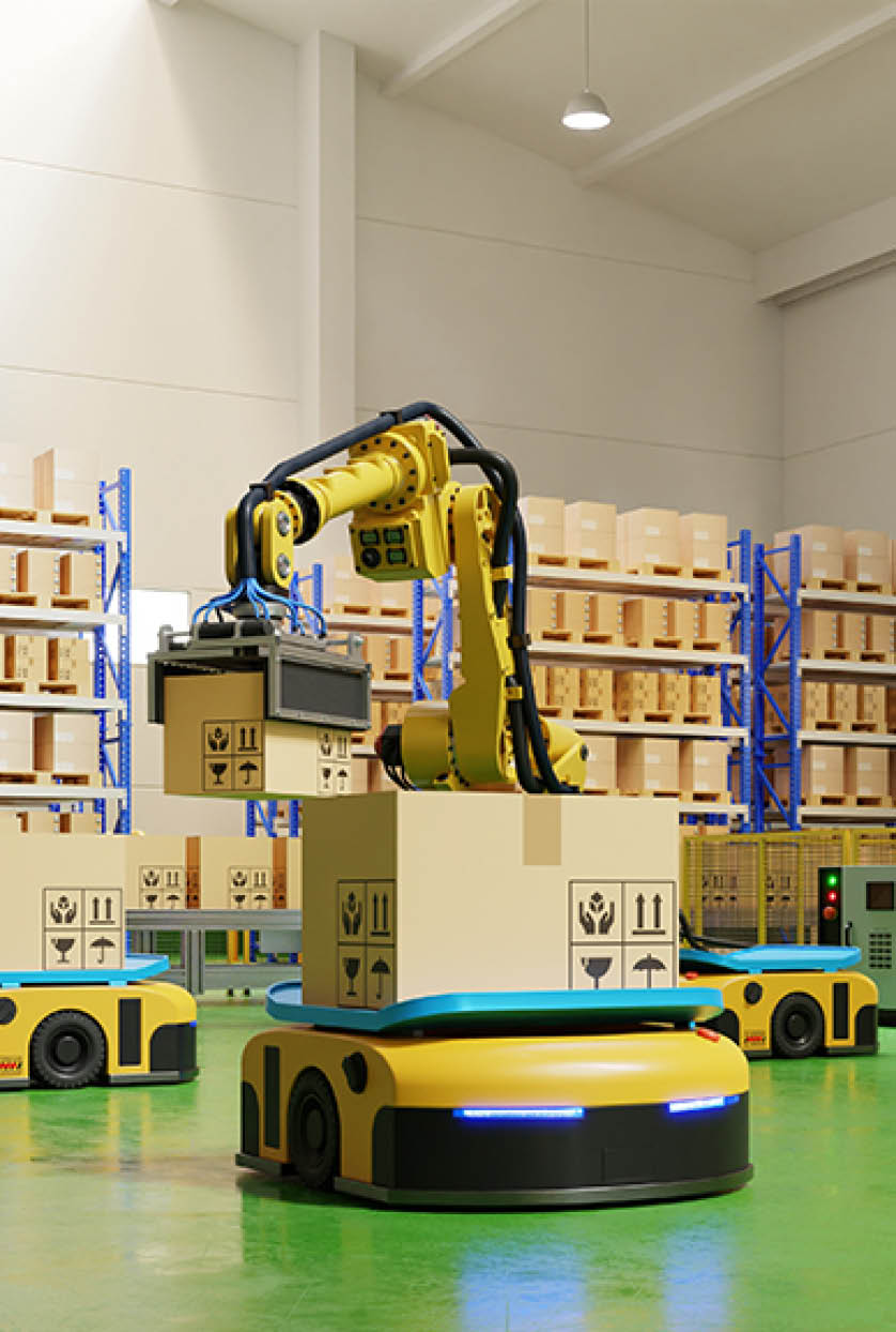 Factory Automation with AGV and robotic arm in transportation to increase transport more with safety.3D rendering