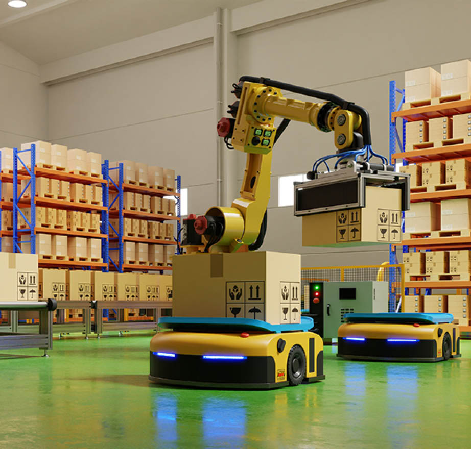 Factory Automation with AGV and robotic arm in transportation to increase transport more with safety.3D rendering